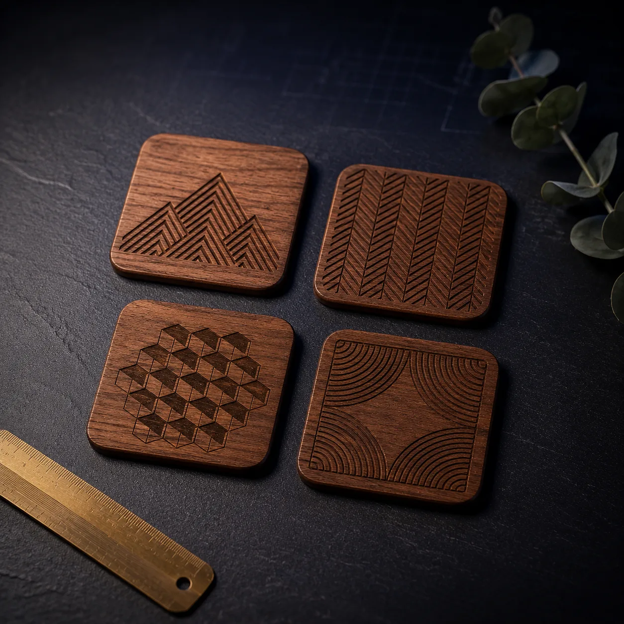 Four walnut coasters with different geometric engraved patterns