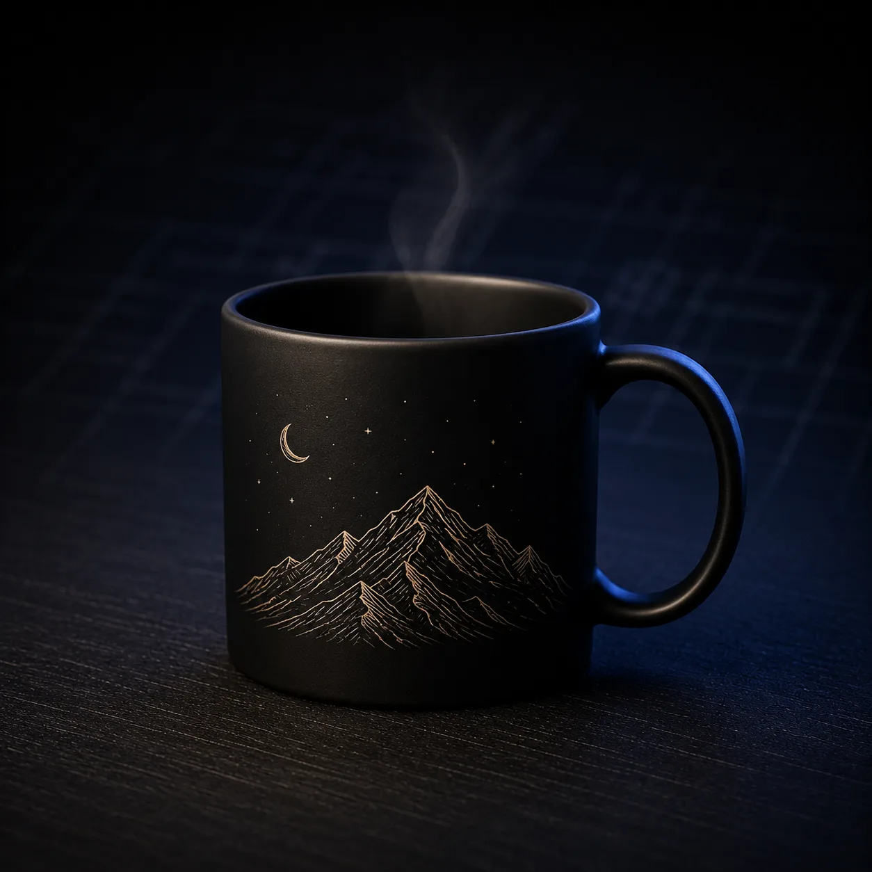 Matte-black mug with an engraved mountain line drawing