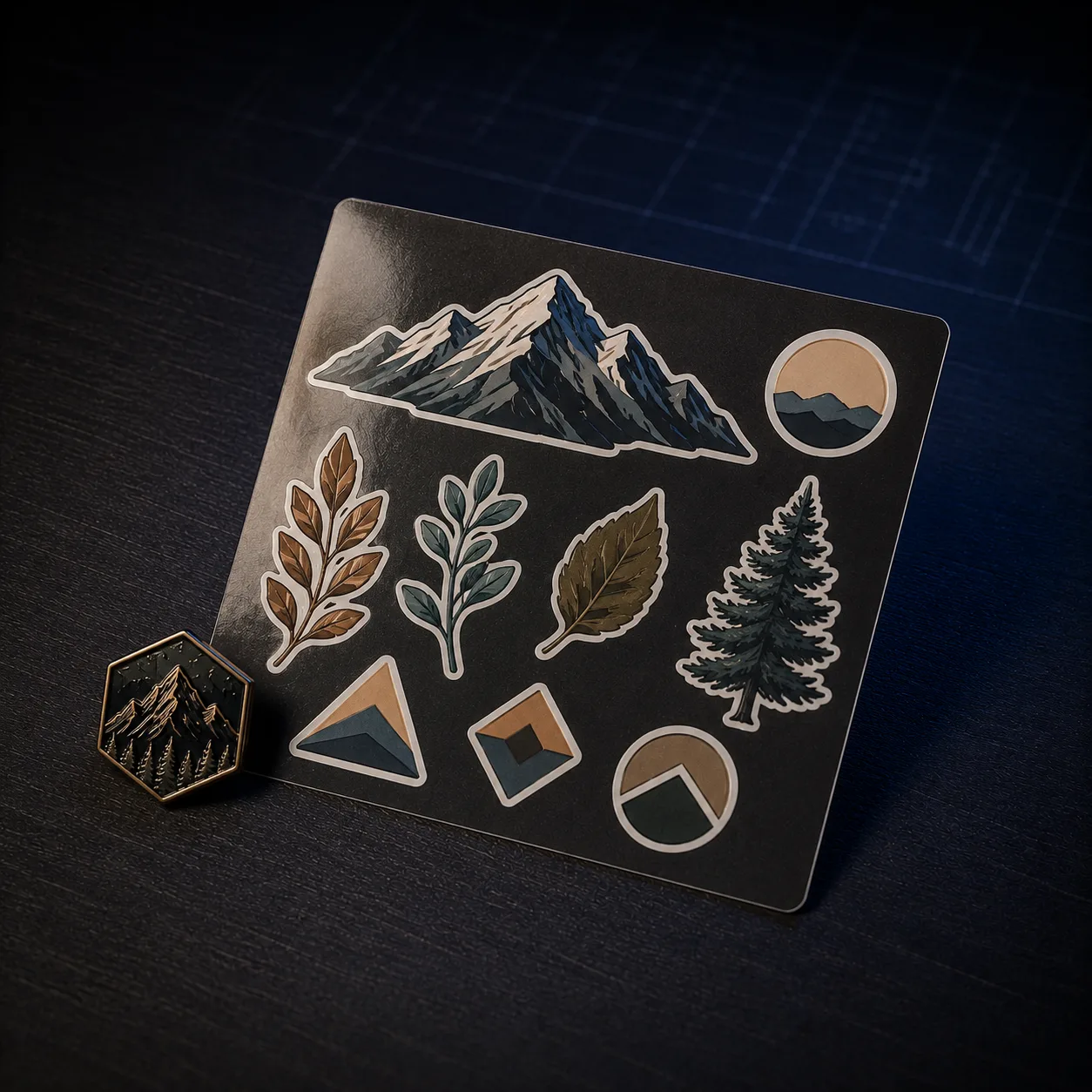 A die-cut sticker sheet of mountains and leaves with an enamel pin