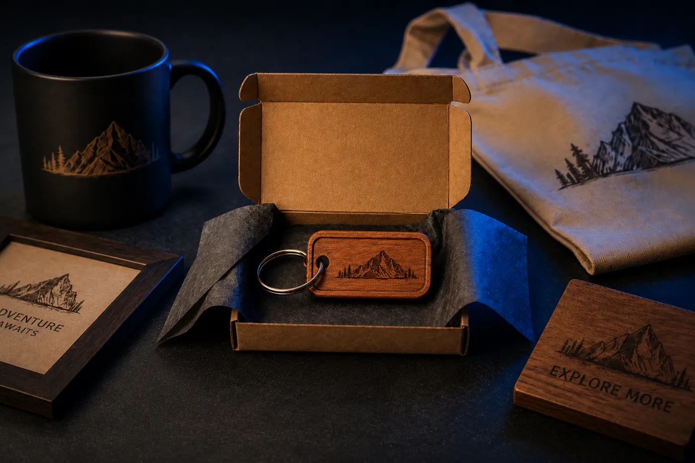The finished walnut keychain with a metal keyring, in a gift box