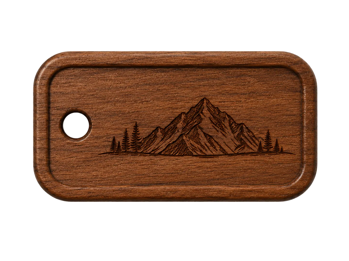 Walnut keychain preview, laser-engraved with a mountain range